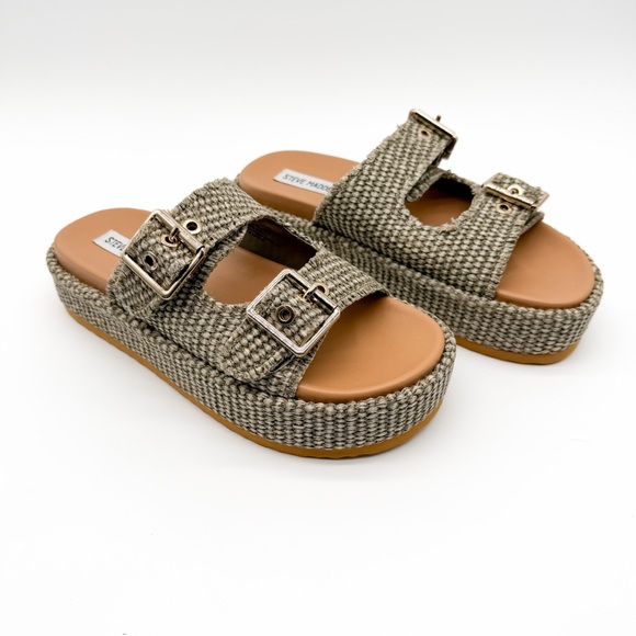 Steve Madden Karrigan Raffia Platform Slide Sandals Olive Woven Buckle 8 NEW - Picture 3 of 15